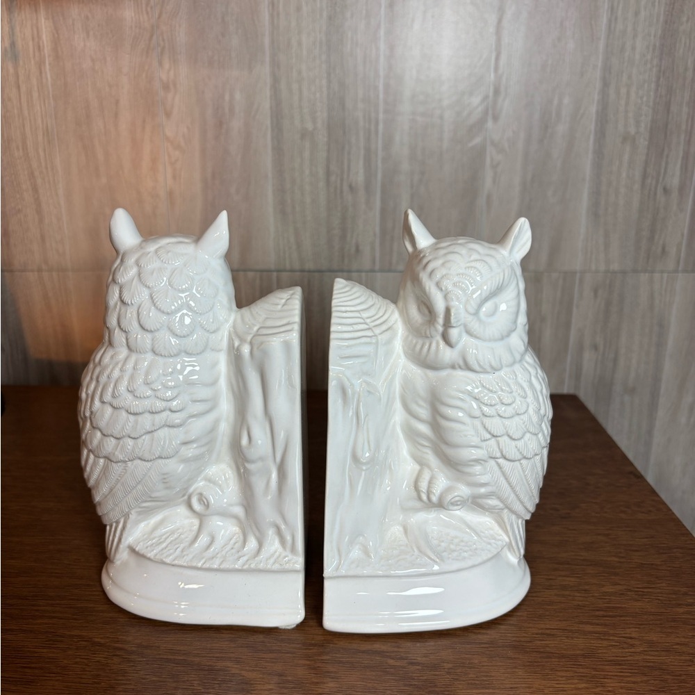 White Ceramic Owl Bookend Pair - Classic Ceramic Home Accent Made in Portugal